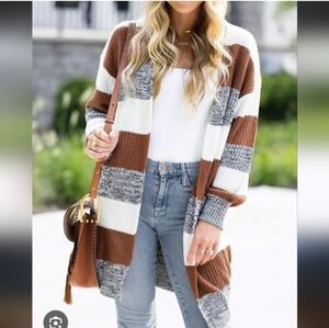 NWT Large Open Front Striped Long Cardigan Neutral Warm Cozy Fall Winter Sweater